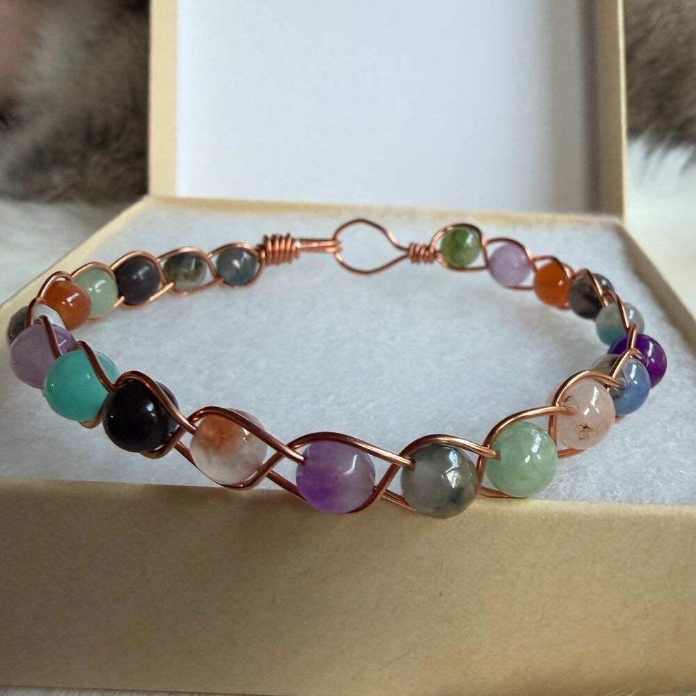 Multicolor gemstone copper bradded bracelet handmade